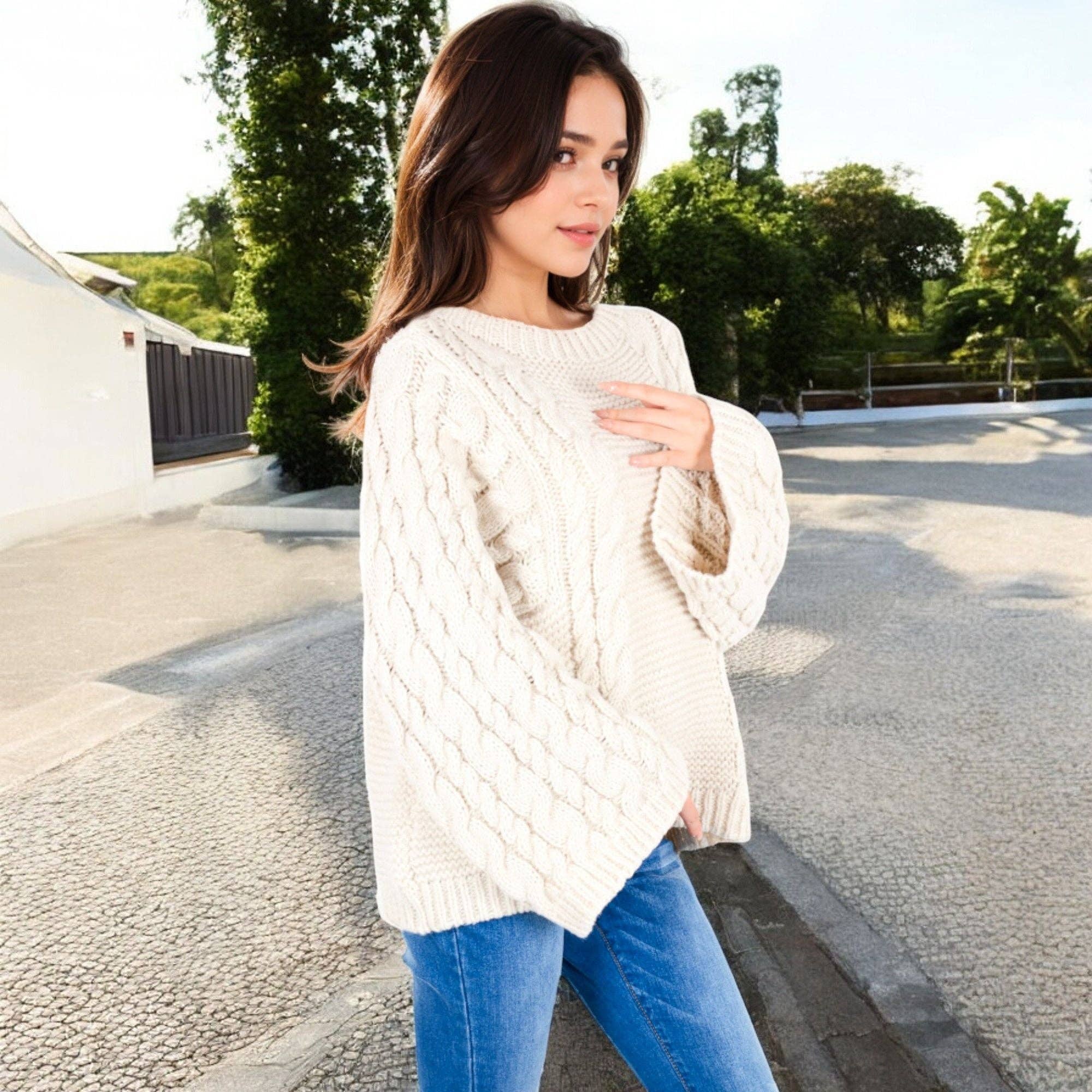 Anna Kaci Wholesale - Wholesale Knit Sweater - Women's - Cable Knit Sweater with Long Bell Sleeves2
