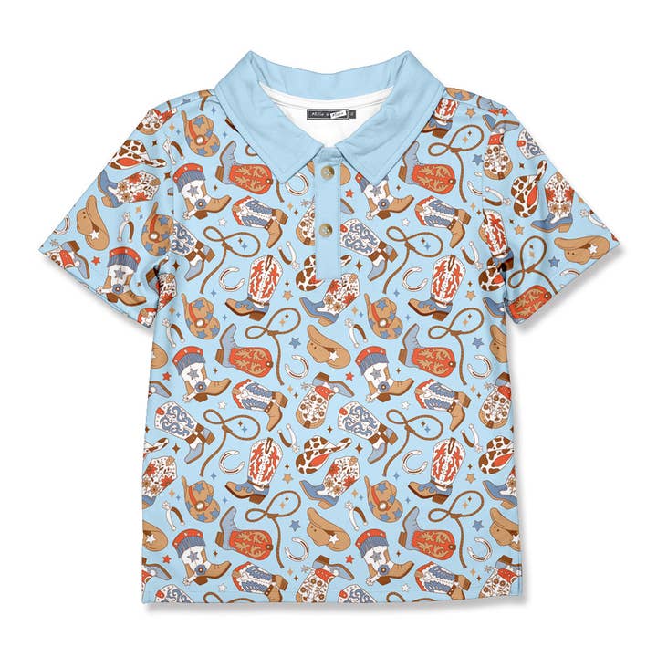Boys Western Light Blue Howdy Boots Polo for wholesale by Millie Loves Lily