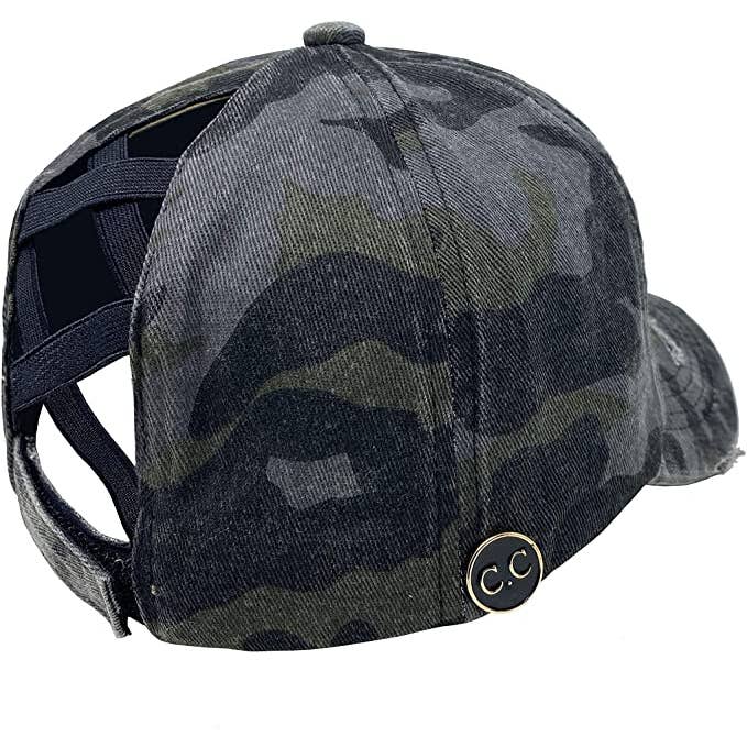 Funky Junque – Engroshandel Kasket med hul til hestehale - Dame – Criss Cross Hestehale Kasket m/Knapper (Camo Black)