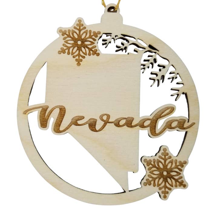 Nevada Wood Ornament - NV State Shape with Snowflakes for wholesale by Happy Wood Products