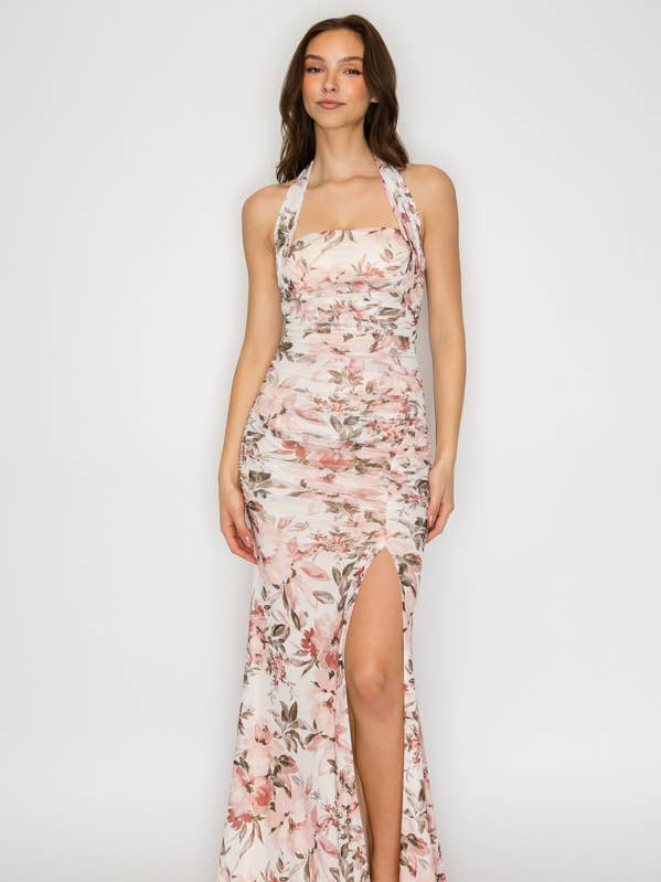 CD30532-2: Blumen-Maxi-Kleid im Meerjungfrauenstil mit gerafftem Neckholder für den Großhandel von Lovesome