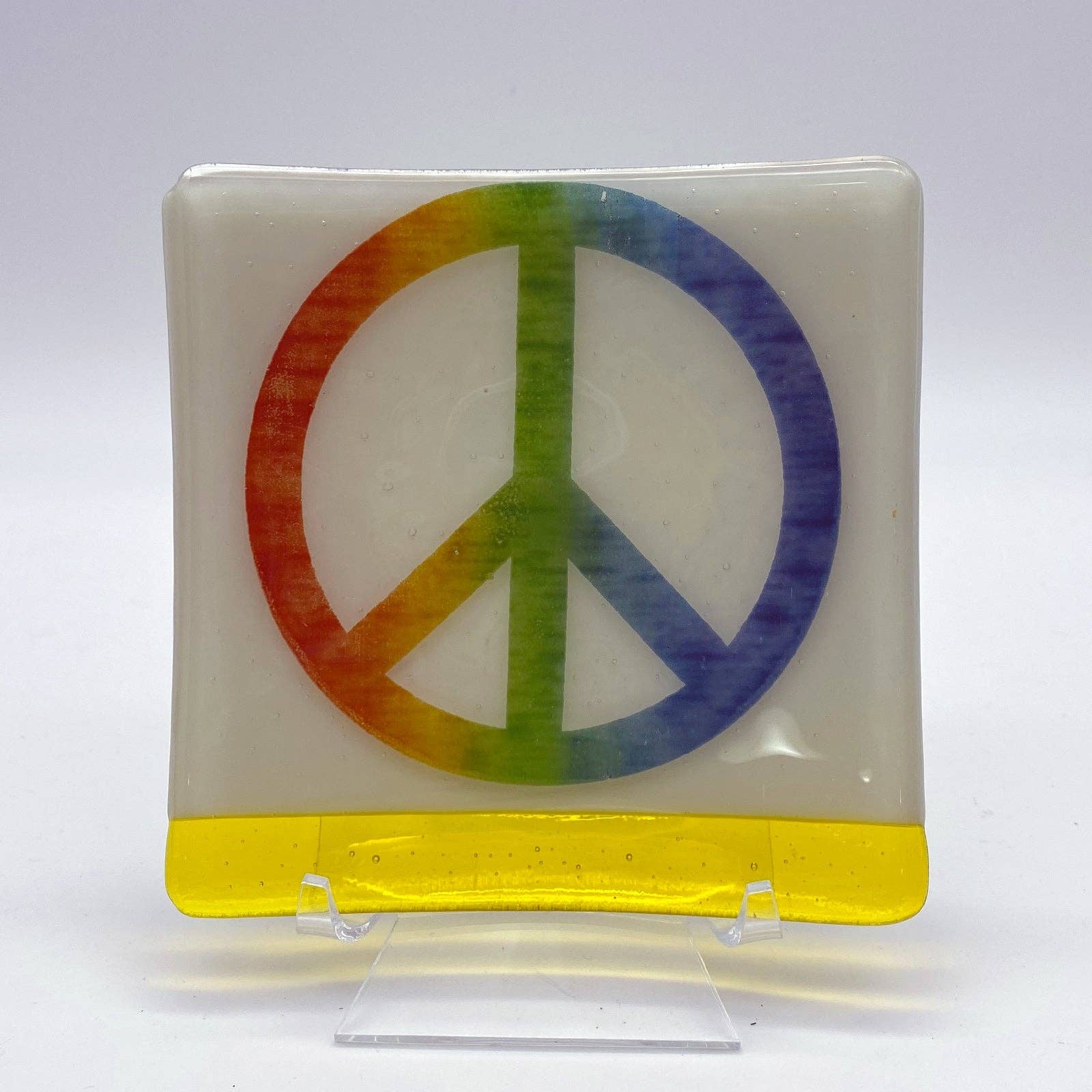 Kiku Handmade | Contemporary Fused Glass Home Goods - Wholesale Decorative Plate/Dish/Bowl - Rainbow Peace Symbol Fused Glass 4.5" Catch-all Dish2