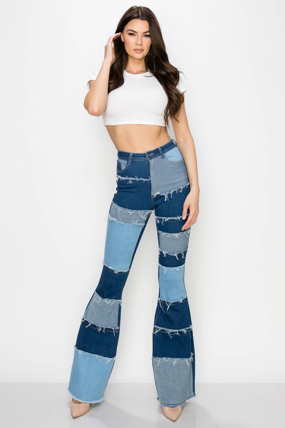 PATCH JAZZ-020 HIGH WAISTED DISTRESSED BELL BOTTOMS WOMEN JEANS for wholesale on Faire