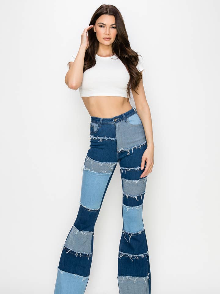 PATCH JAZZ-020 HIGH WAISTED DISTRESSED BELL BOTTOMS WOMEN JEANS for wholesale on Faire0