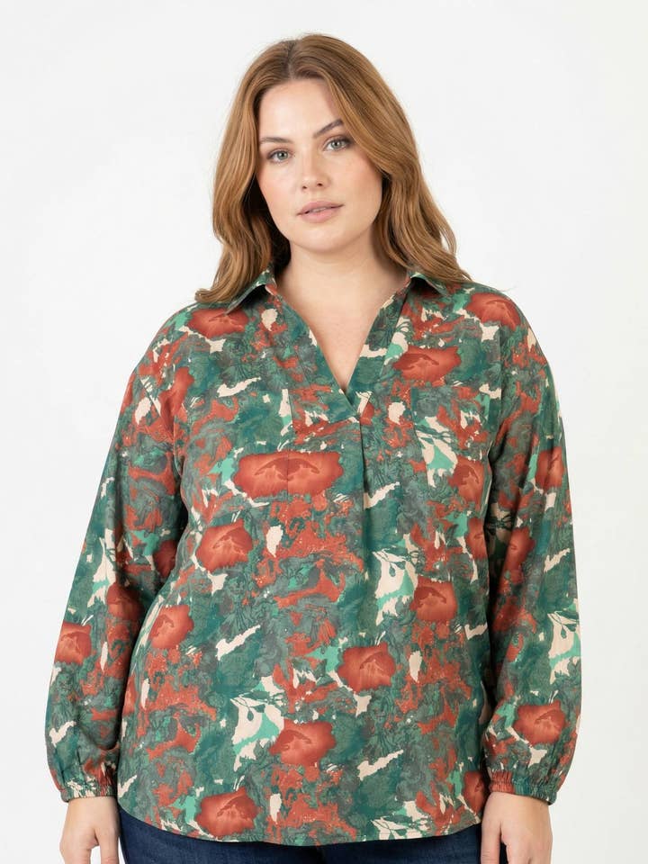 Plus size green printed shirt (C6632) for wholesale by Pomme Rouge Paris