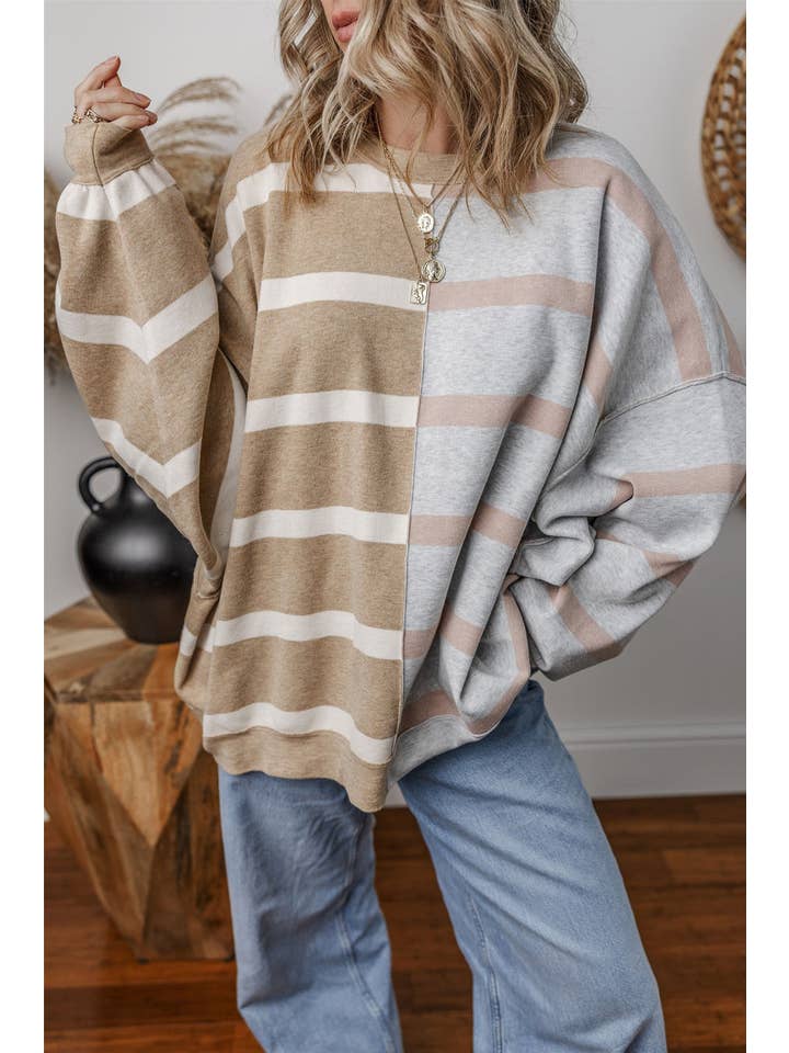 Amaryllis Apparel - Wholesale Tunic Sweater - Women's - Stripe Colorblock Oversized Sweater28