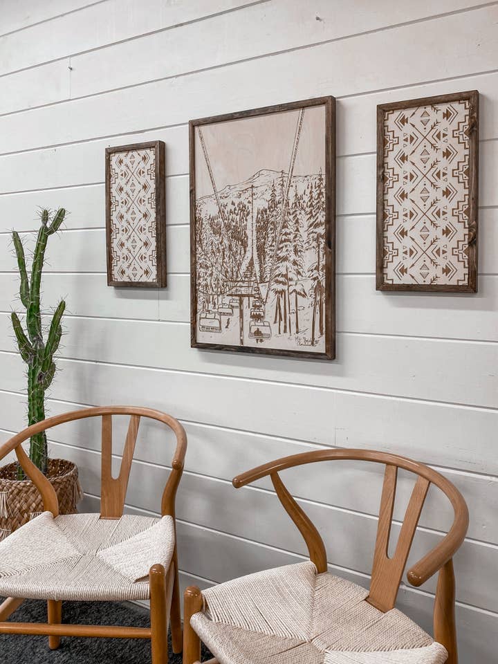 3 Piece Hand Sketched Mt. Bachelor Cloud Chaser with Aztec Wood Artwork for wholesale by Birch and Home Handmade