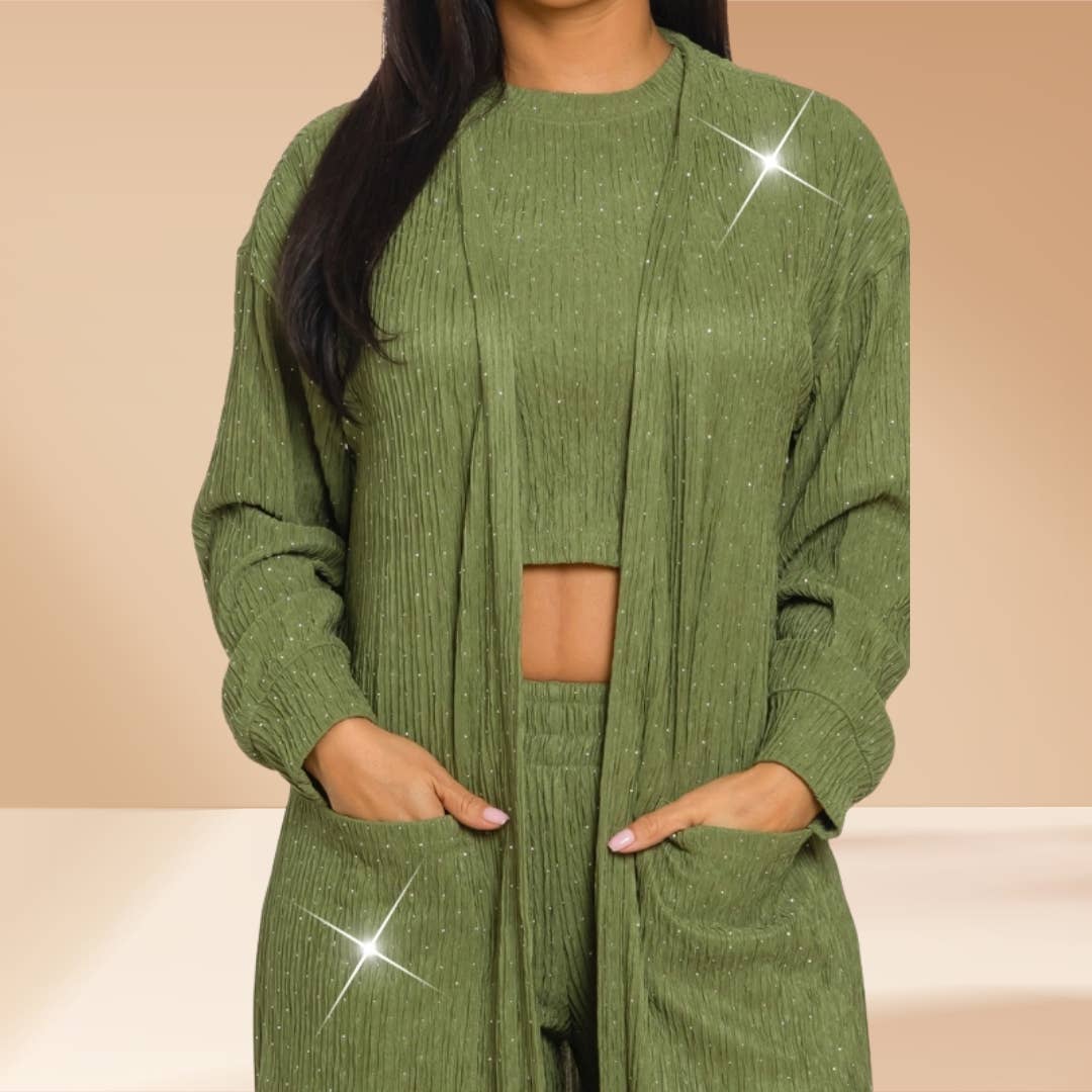 Celystrends - Vente Ensemble haut et pantalon (PAS d'intérieur) - Femme - Ensemble de 3 pièces avec pierres partout : pantalon et cardigan3