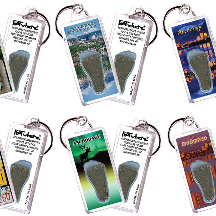 Anchorage FootWhere® Souvenir Keychains. 72 pieces/6 assorted styles. for wholesale by FootWhere- USA Group, Inc.