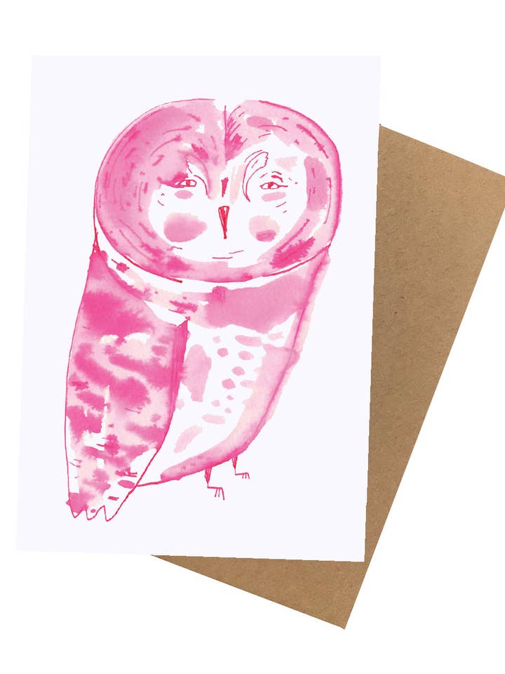 Watercolor illustrated pink owl notecard for wholesale by ELIZABETH GRAEBER art + illustration