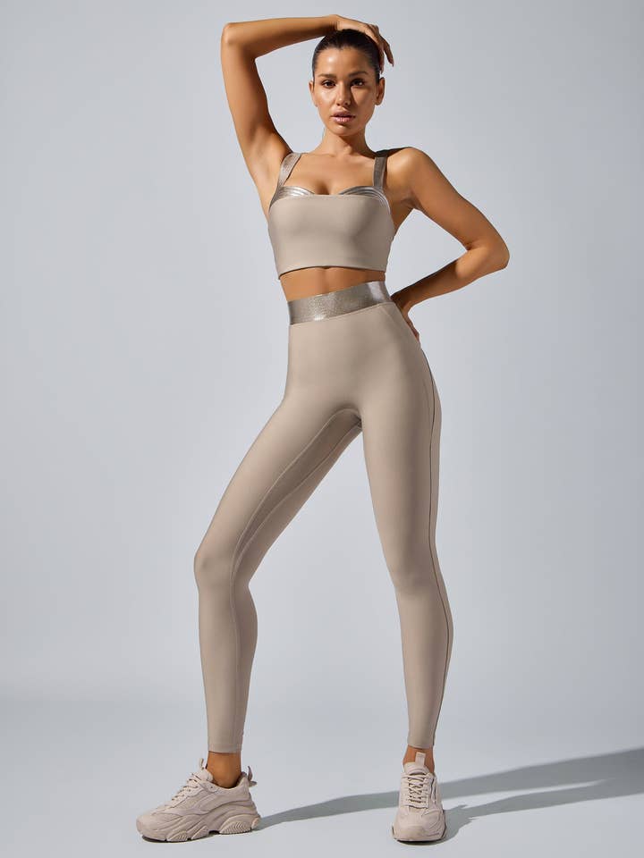 Taupe Lina legging in taupe met metallic tailleband voor groothandel op Faire2