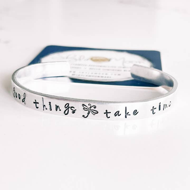 good things take time Hand Stamped Cuff Bracelet for wholesale by Shyla Moon