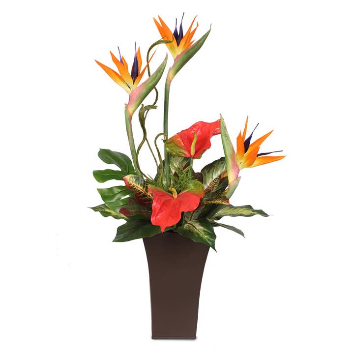 Silk Bird of Paradise, Anthurium Tropical dans un récipient haut pour la vente par JENNY SILKS