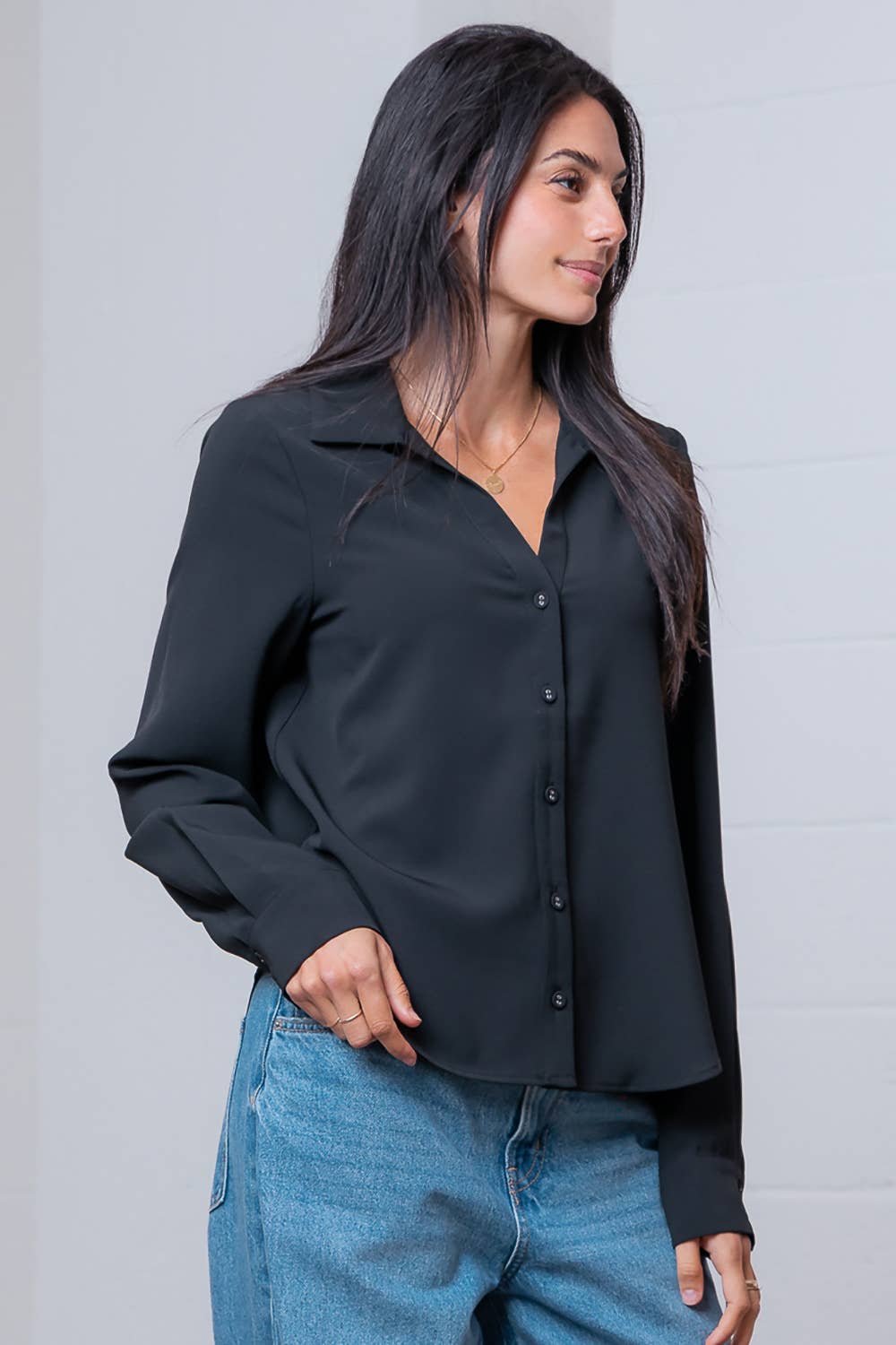 Taelynn - Wholesale Button Down Shirt - Women's - ST88298T-LONG SLEEVE BUTTON DOWN V-NECK SOLID SHIRT2