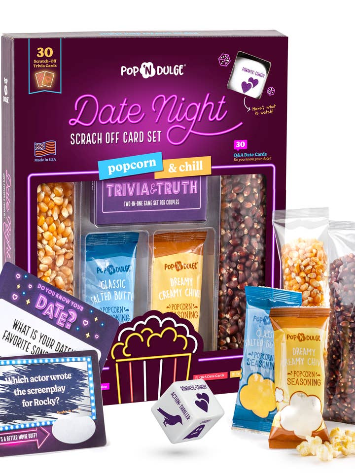 Date Night Scratch-Off Cards Movie Trivia Popcorn Gift Set - Ultimate Couple Games for Date Night at Home for wholesale by Pop 'N Dulge