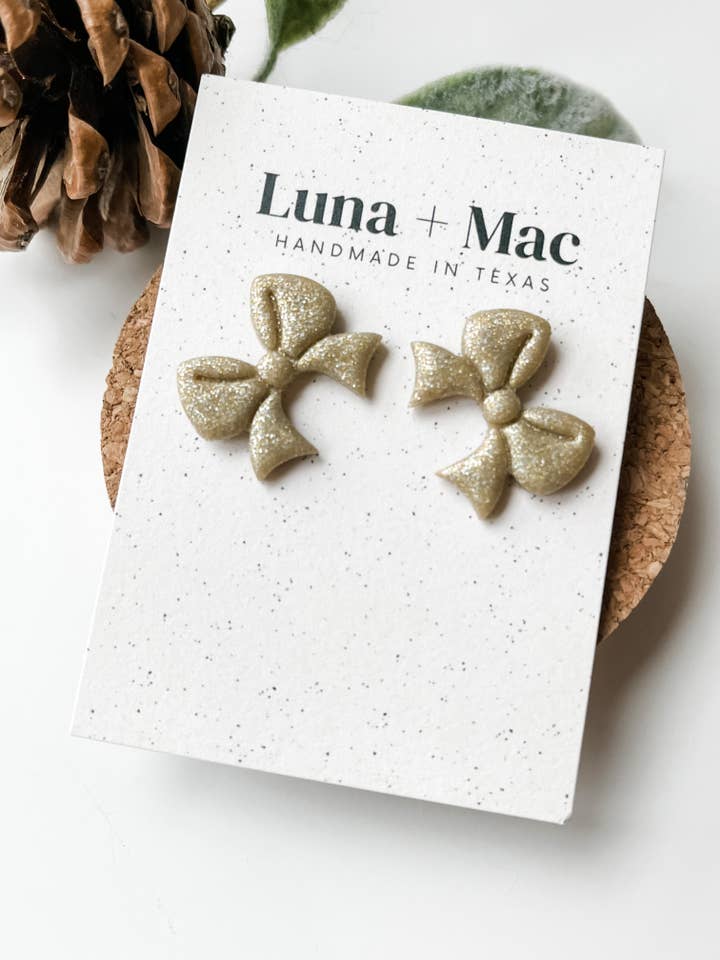 Bow Stud Earring - Gold Glitter for wholesale by Luna + Mac