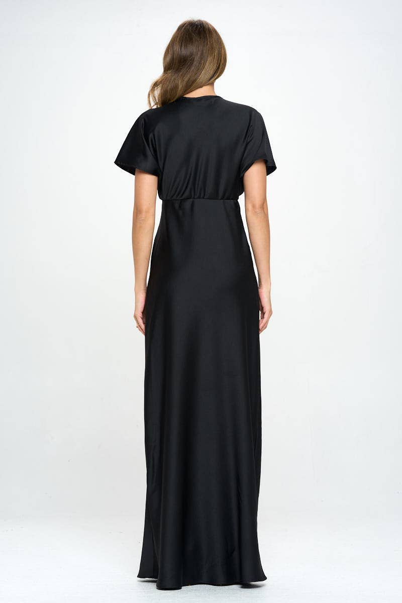 NOIR Fabriqué aux États-Unis Robe formelle en satin solide à col en V profond en vente sur Faire4