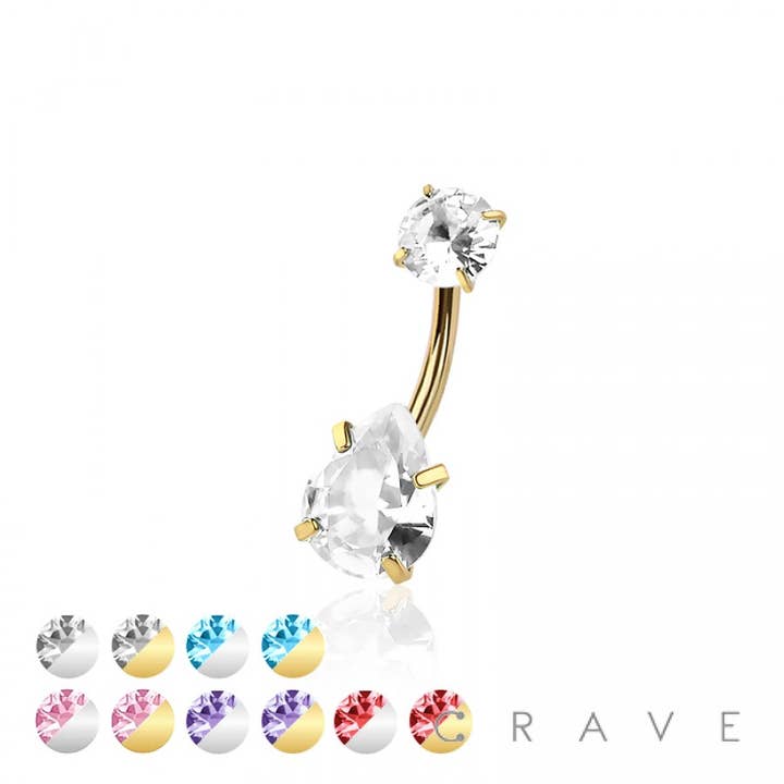 CRAVE - Wholesale Belly Ring - ROUND CZ TOP AND TEARDROP CZ PRONG SET CZ 316L SURGICAL STEE3