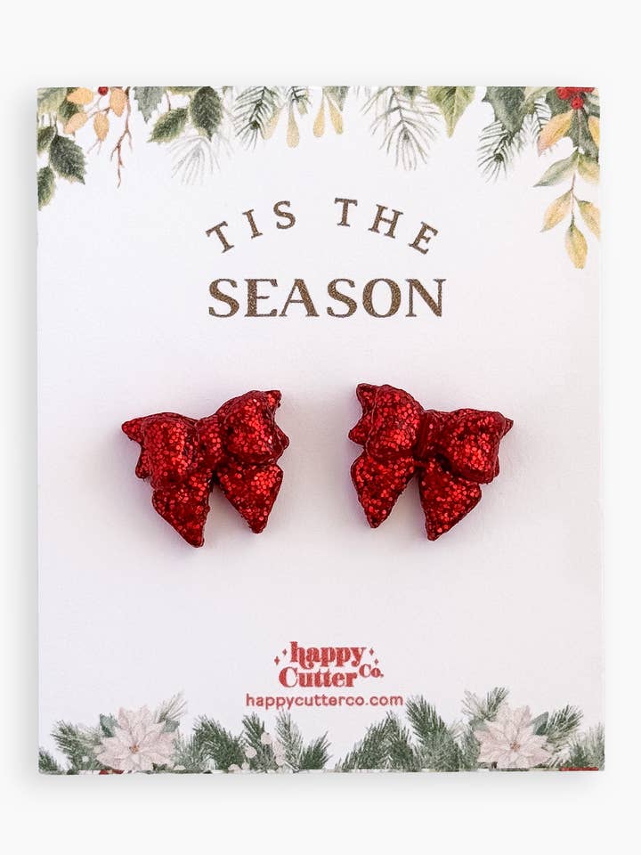 Christmas Studs - Red Glitter Bow Holiday Stud Earrings for wholesale by Happy Cutter Co