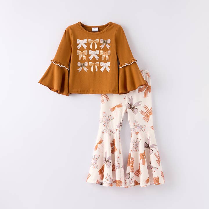 Girls Fall Autumn Brown Bow Long Sleeves Bell Pant Set for wholesale by Auraquise