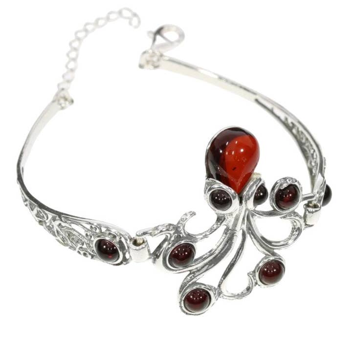 Bracelet en argent sterling Octopus Cherry Amber pour la vente par Amberman