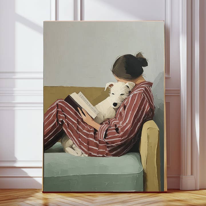 Kvinde læser maleri med hund Portræt Kunsttryk for engroshandel hos Kumo Art Prints