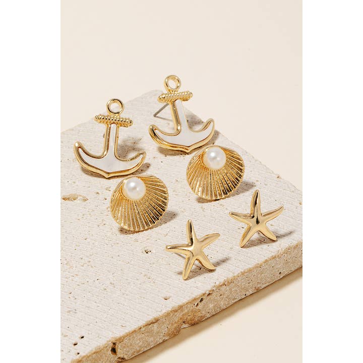 Anarchy Street - Wholesale Jewelry Set - Shell And Pearl Ocean Theme Stud Earrings Set