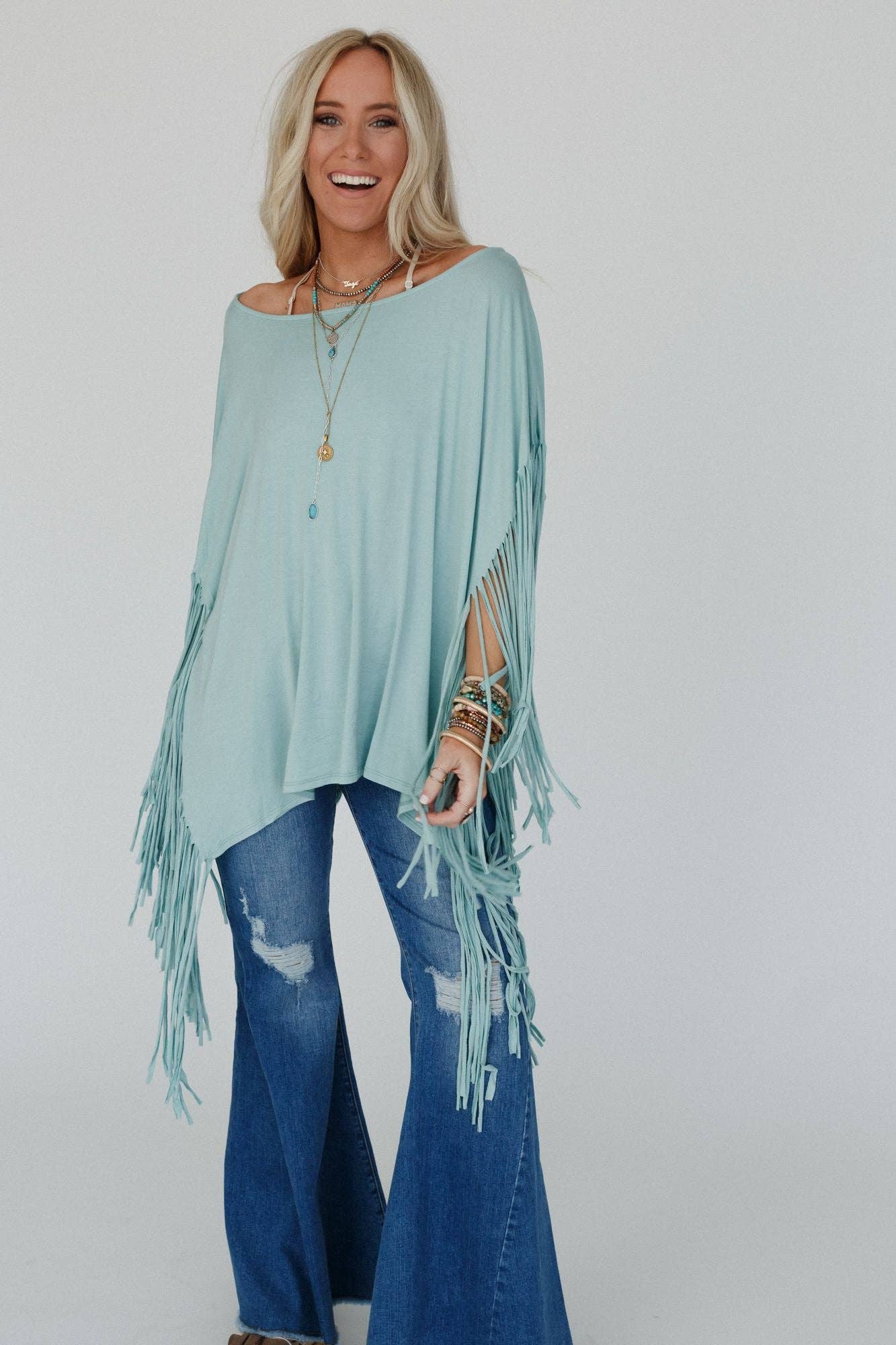Three Bird Nest - Wholesale Tunic - Women's - Showstopper Fringe Top - Washed Seafoam4