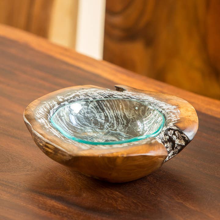 Round Teak Bowl with Blown Glass Liner - Burnt Finish for wholesale by Garden Age Supply