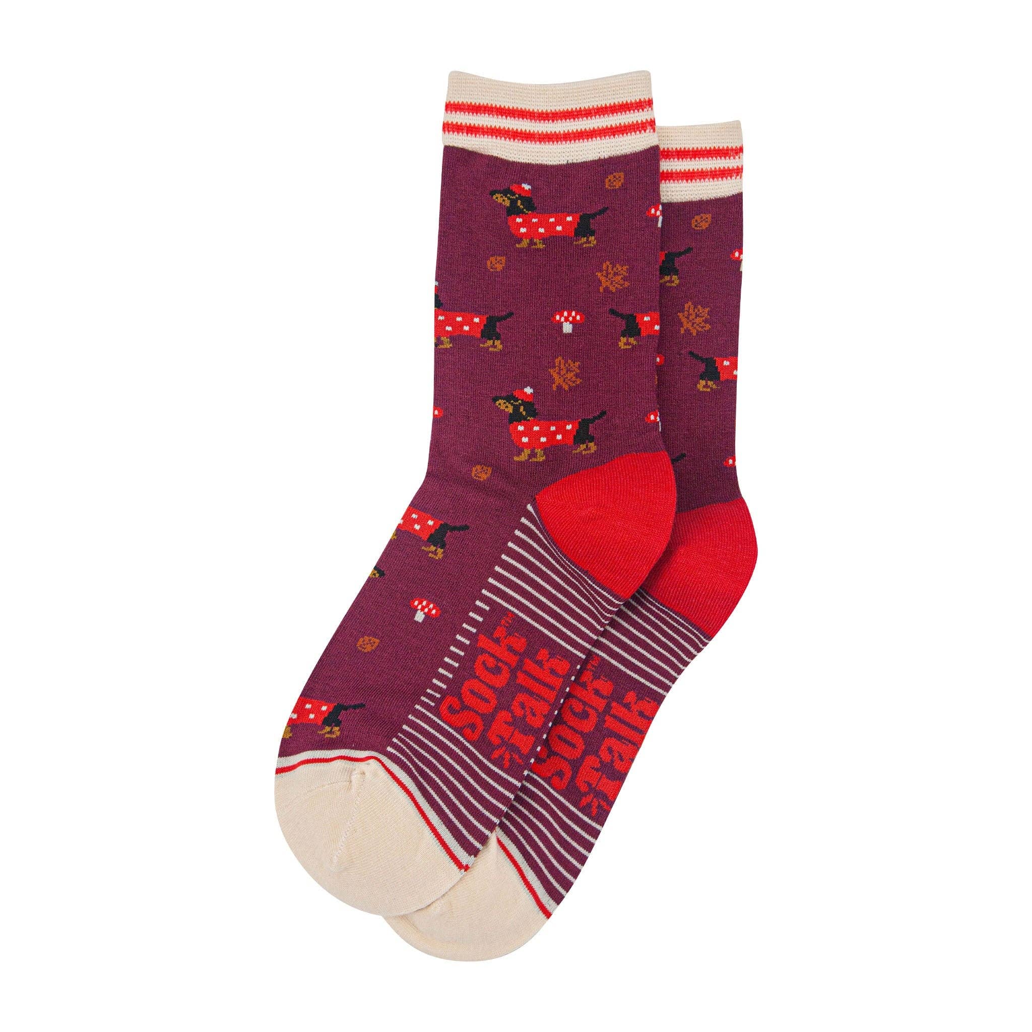 Sock Talk - Wholesale Socks - Women's - Women's Bamboo Socks - Berry/Cream, Sausage Dogs Toadstools1