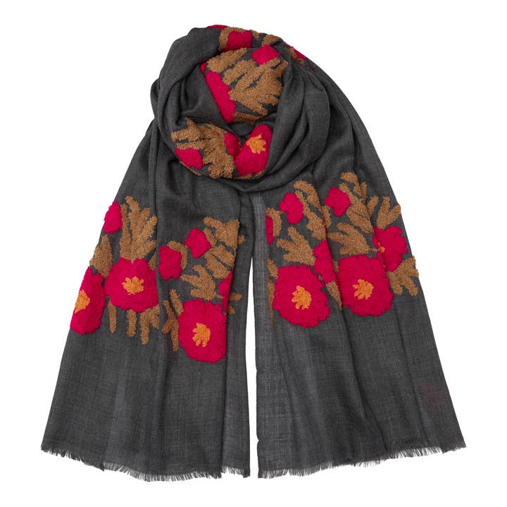 Pashmina de flores mexicanas, gris oscuro/rosa/marrón para venta al por mayor de Somerville Scarves