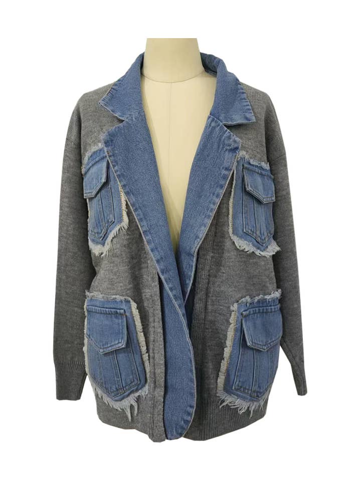 Denim Raw Edge Sweater Patchwork Coats for wholesale by Rosa Clothing