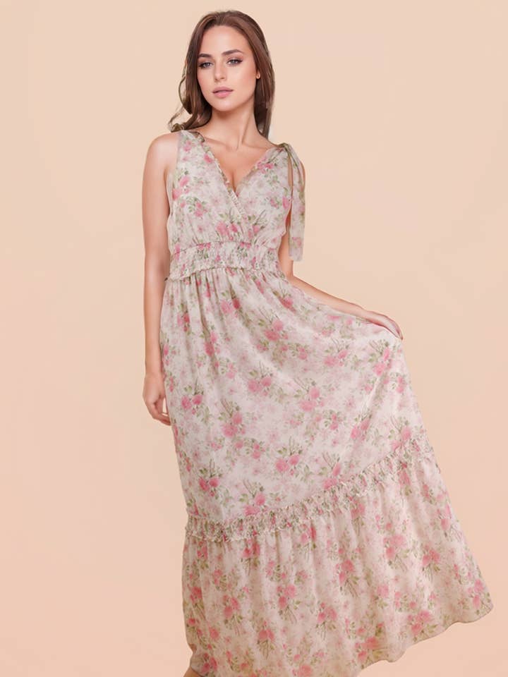 ND32044-Blomstret Skulderstrop Midi Kjole for engroshandel hos VERY J