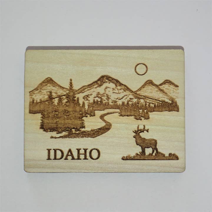 River's Edge Gourmet Foods - Wholesale Magnet - Mountain scene with elk wood magnet - customizable