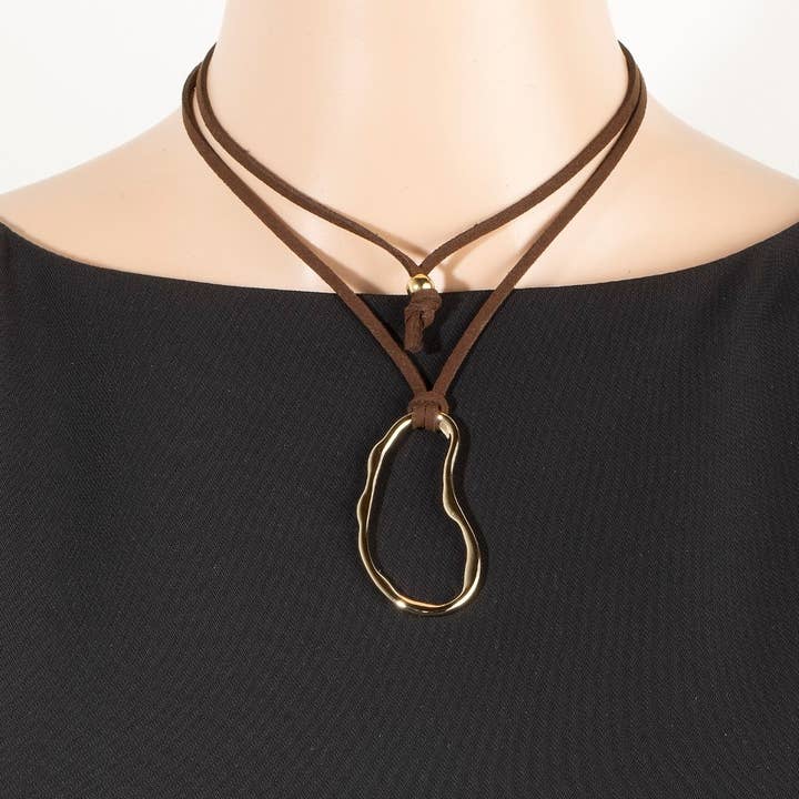 The Looks by Fame Accessories - Wholesale Pendant/Charm Necklace - Large Thin Oval Pendant Suede Cord Necklace4