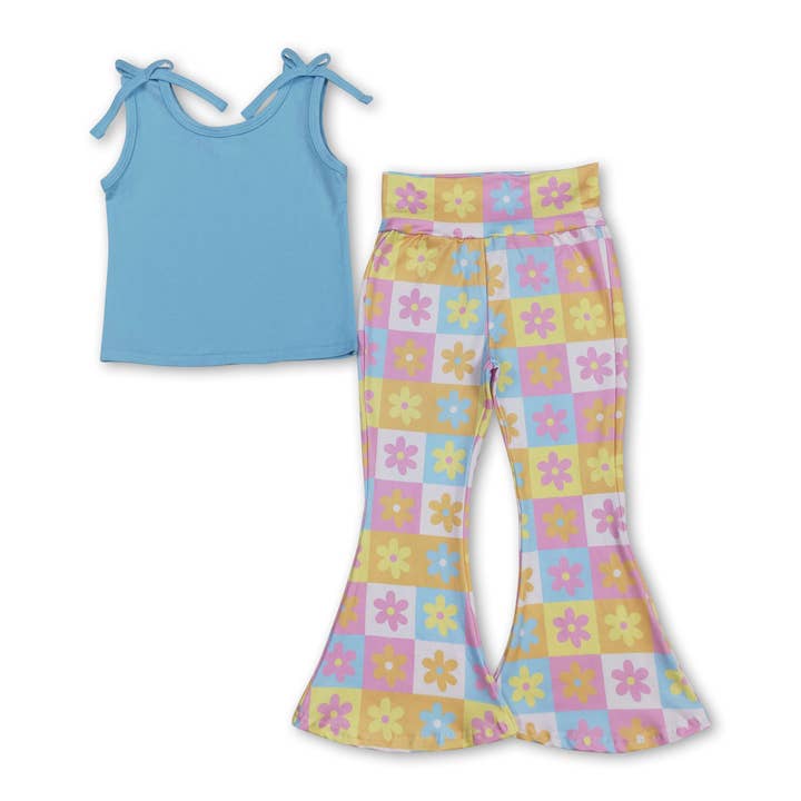 Sleeveless cotton top floral plaid pants girls clothing for wholesale by Yawoo Garments