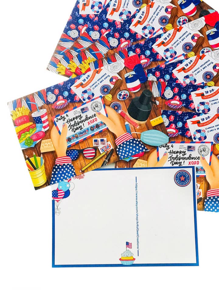 FMDTYS - Escena de escritorio del 4 de julio | Juego de 5 o 10 postales para venta al por mayor de Artful Geet Creations