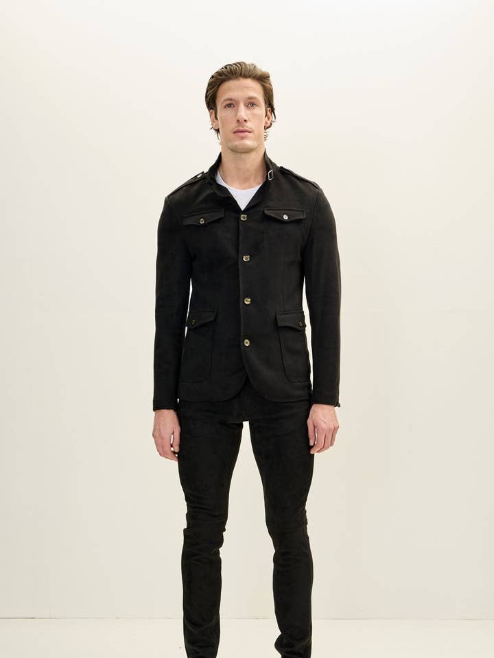 Men's Faux Suede Safari Jacket - Black for wholesale by Ron Tomson
