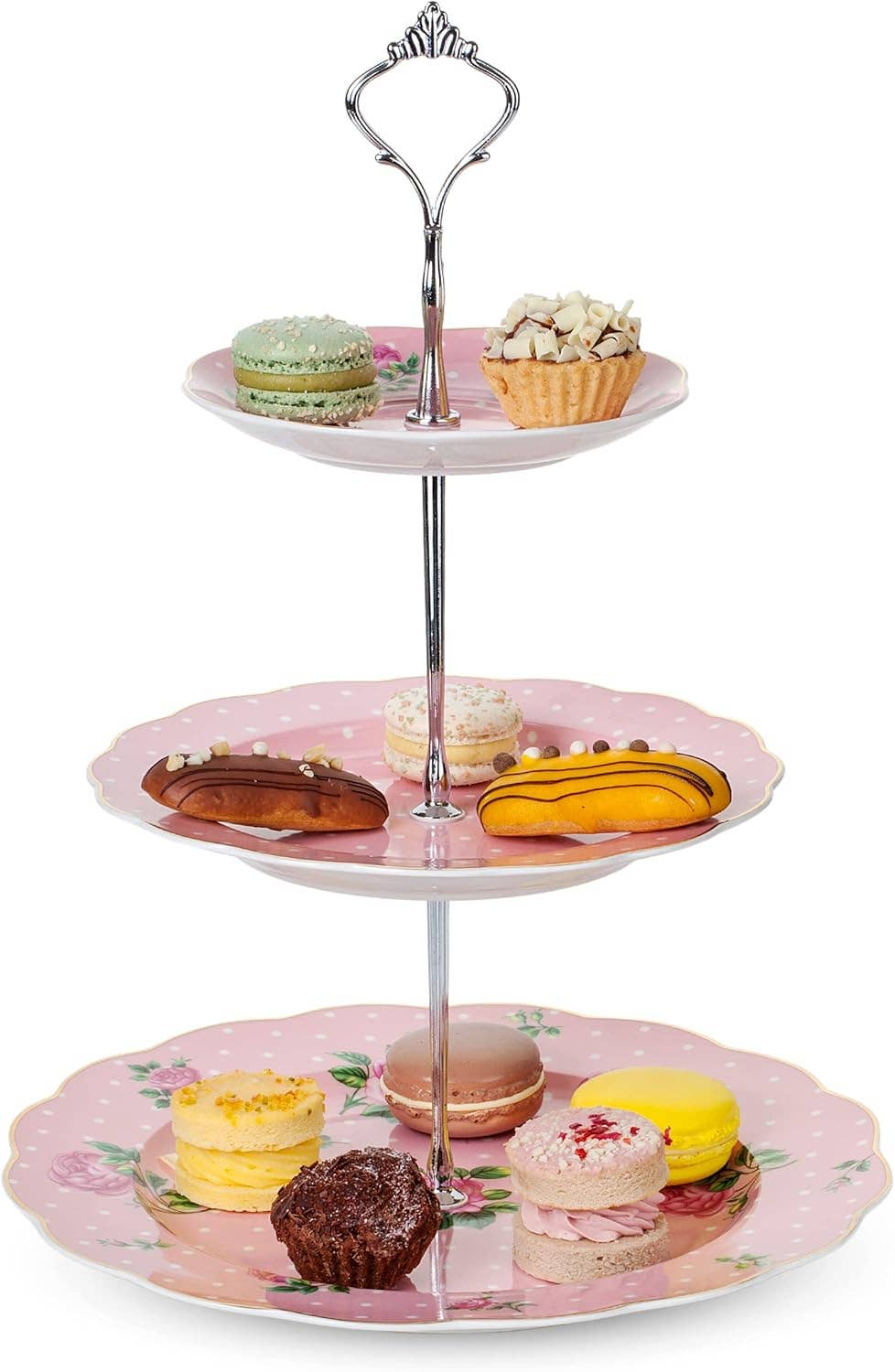 Brew To A Tea - Wholesale Cake Stand - BTat Pink 12" 3-Tier Porcelain Dessert Stand5