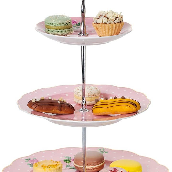 Brew To A Tea - Wholesale Cake Stand - BTat Pink 12" 3-Tier Porcelain Dessert Stand5
