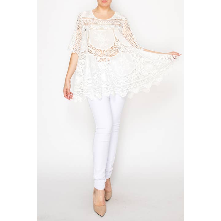 Boho Flowy Textured Lace Crochet Tunic Top - 4516 IVORY for wholesale by Origami Apparel ~ Lace and Crochet inspired