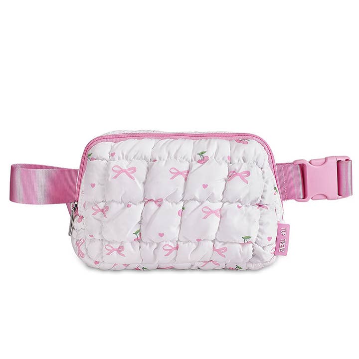 White Scrunchie Puffer Belt Bag with Bow Pattern for wholesale by Top Trenz Inc