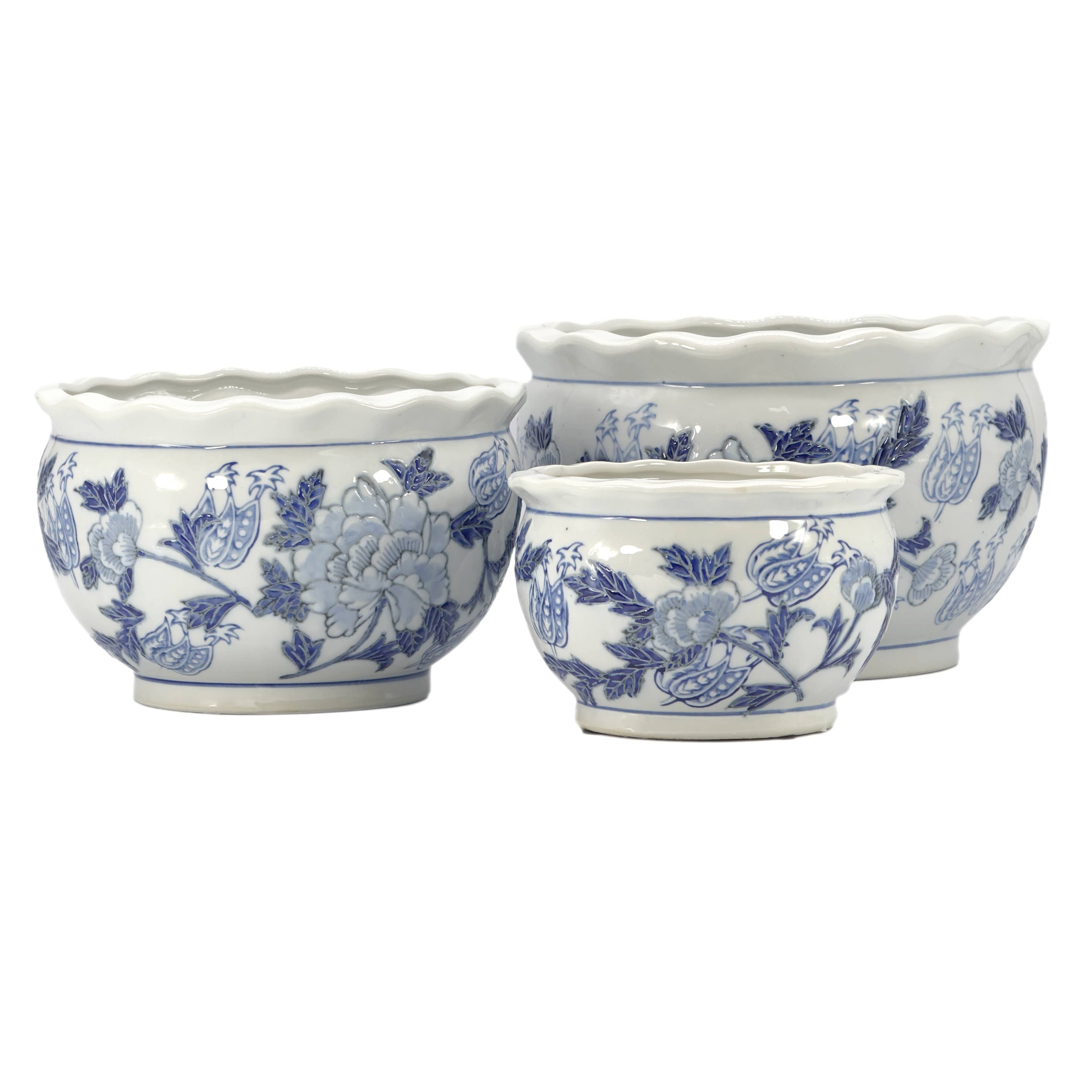 Galt International Company – wholesale Kruka – Set med 3 - 7,5"/10"/13" keramisk Chinoiserie planteringskruksats1