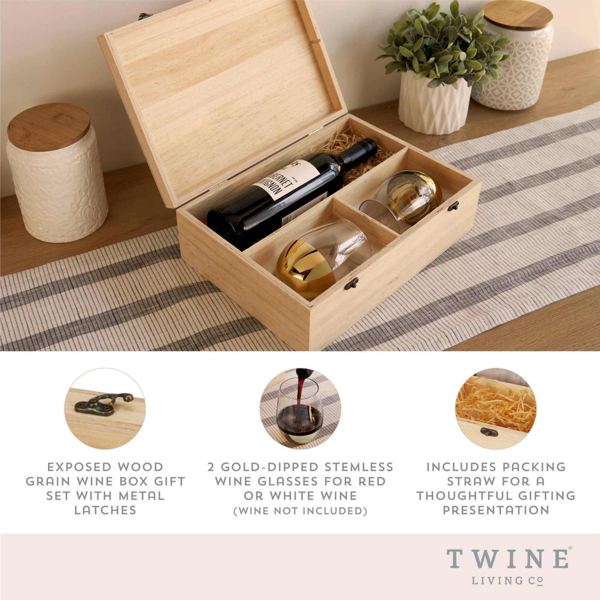 Twine - Vente Pochette cadeau pour bouteille de vin - Coffret cadeau en bois pour vin avec 2 verres sans pied trempés dans l'or4