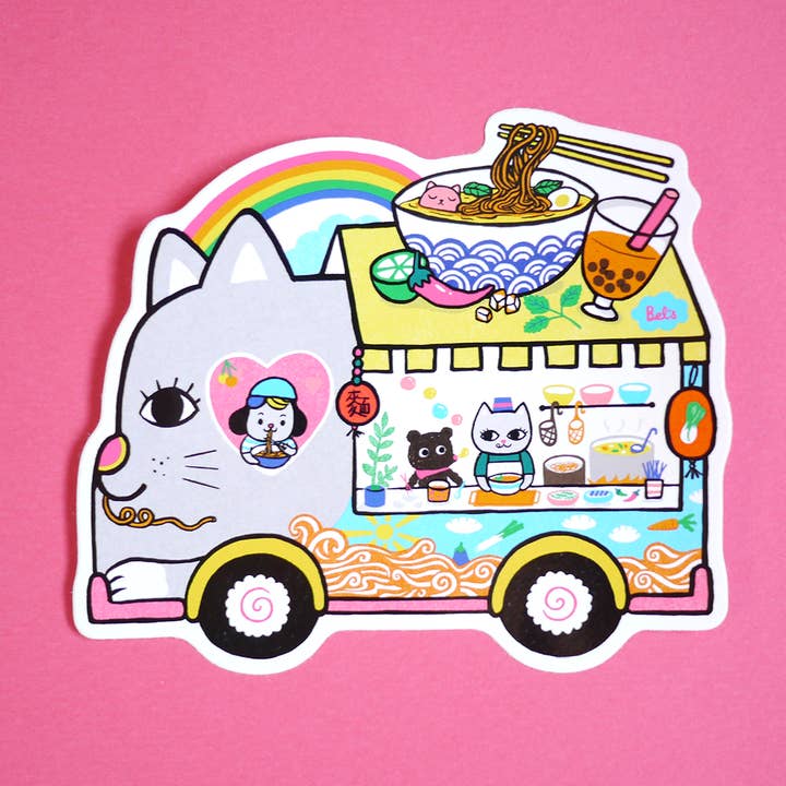 Illustreret food truck vinylklistermærke - Noodle cat truck for engroshandel hos Bel's Art World