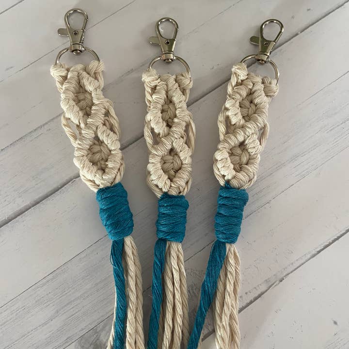 Boho Macrame key chain … pop of color deep sea blue for wholesale by Chickadee Creations