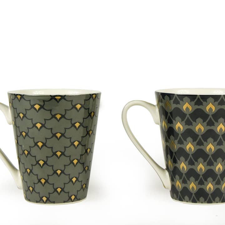 Set of Heron Two Black Grey Victorian Mugs with White Gold Handles (MO) 1PK for wholesale by Candlelight Products Ltd
