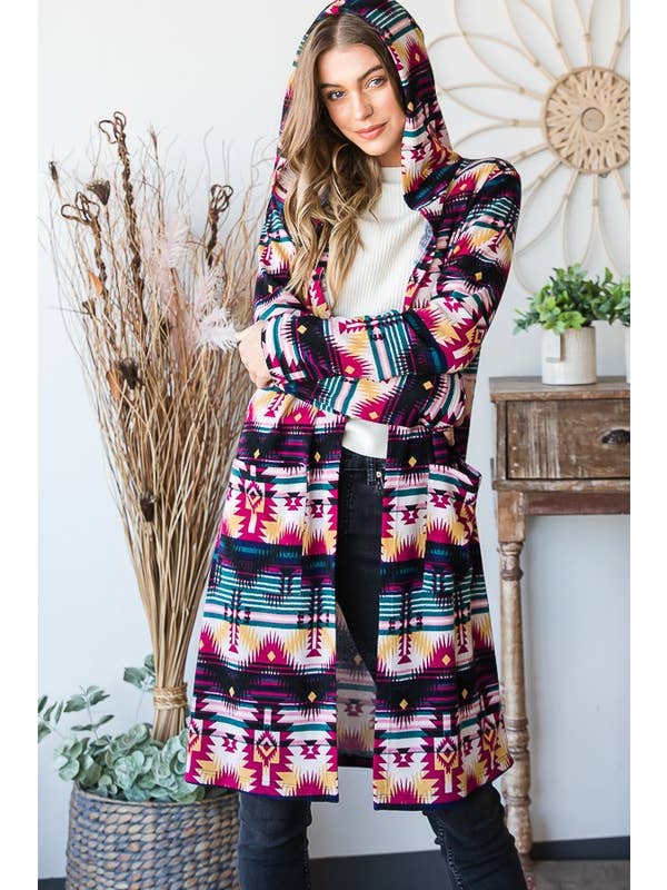 EJ6708-10 HOOD MULTI COLOR AZTEC SHACKET WITH POCKET for wholesale on Faire3
