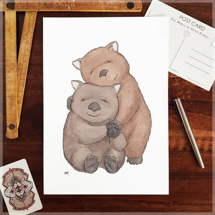 Hugging Wombats - A4 Art Print for wholesale by Erlenmeyer Art