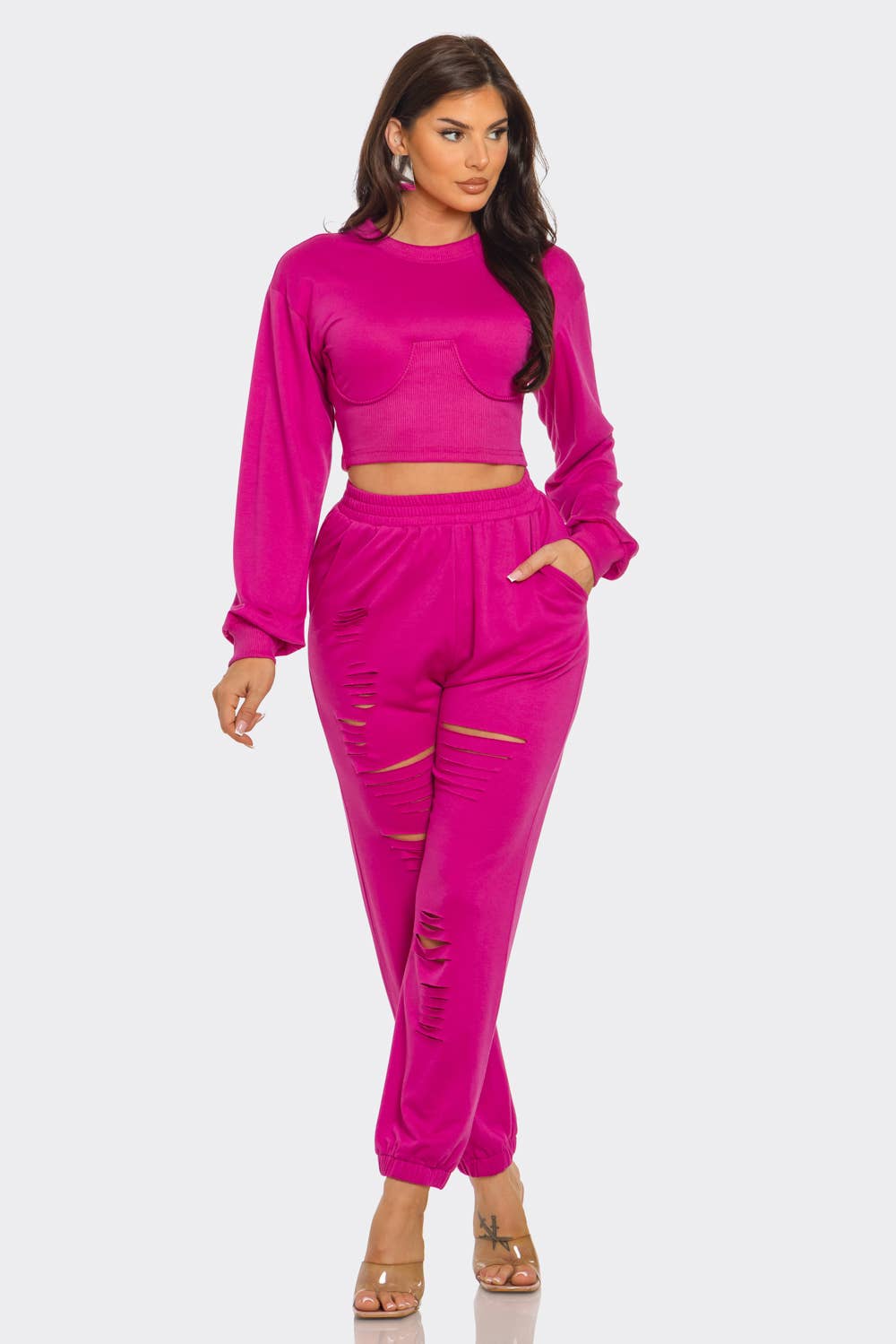 Julia by LoveJ - Wholesale Top & Pant Set (NOT Loungewear) - Women's - Round Neck Solid Top And Laser Cut Pants Set7